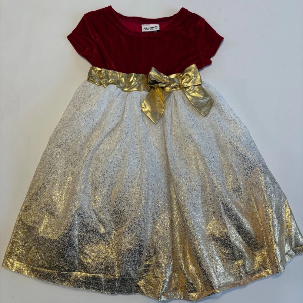 Blueberi Boulevard Girls 5 Christmas Holiday‎ Dress Red Velour Gold Shimmer Bow